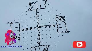 Simple Rangoli Rabbit design15 dots 5 Rows straight dot stop 5 simple muggulu rabbit design drawing