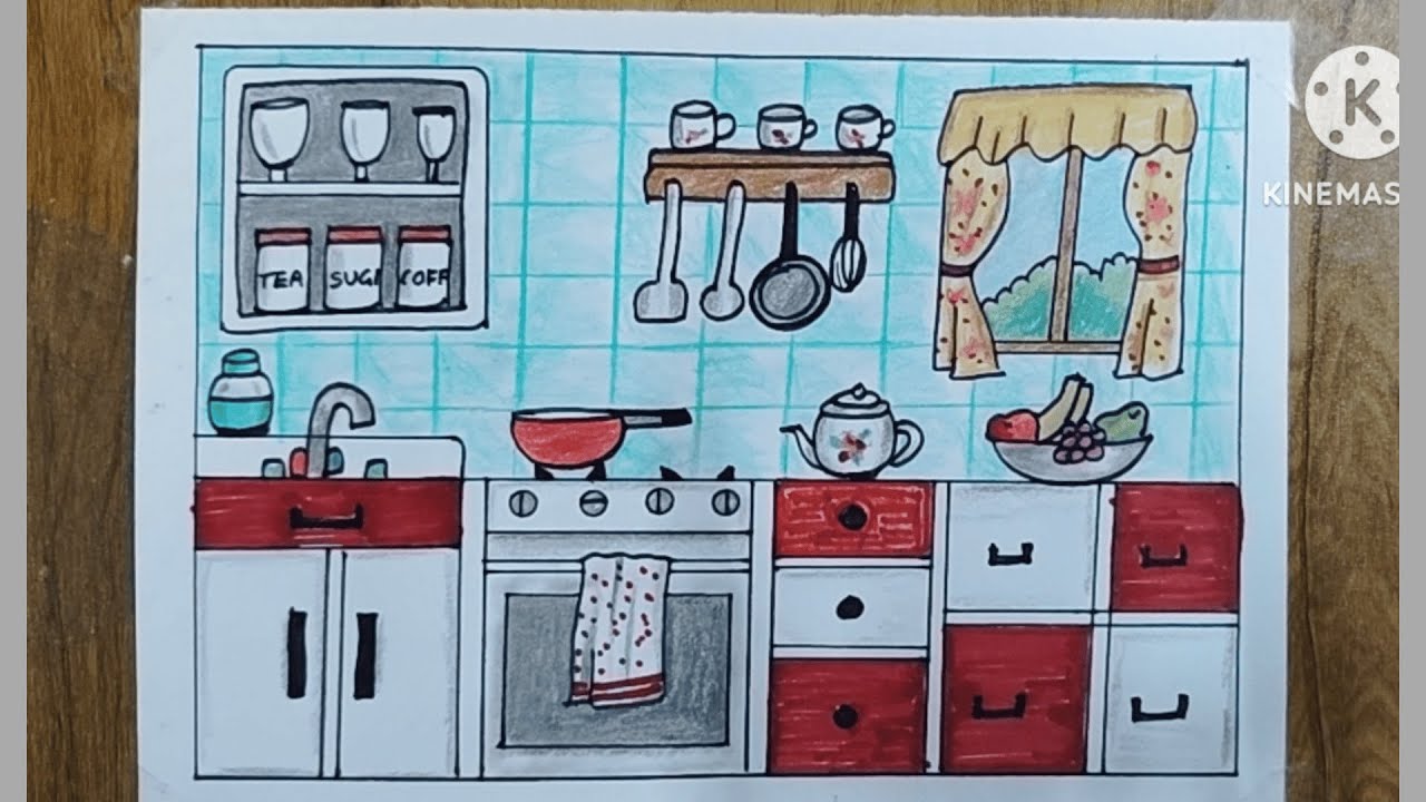 How to draw a kitchen || easy kitchen drawing