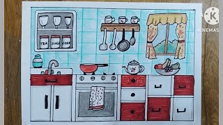How to draw a kitchen || easy kitchen drawing