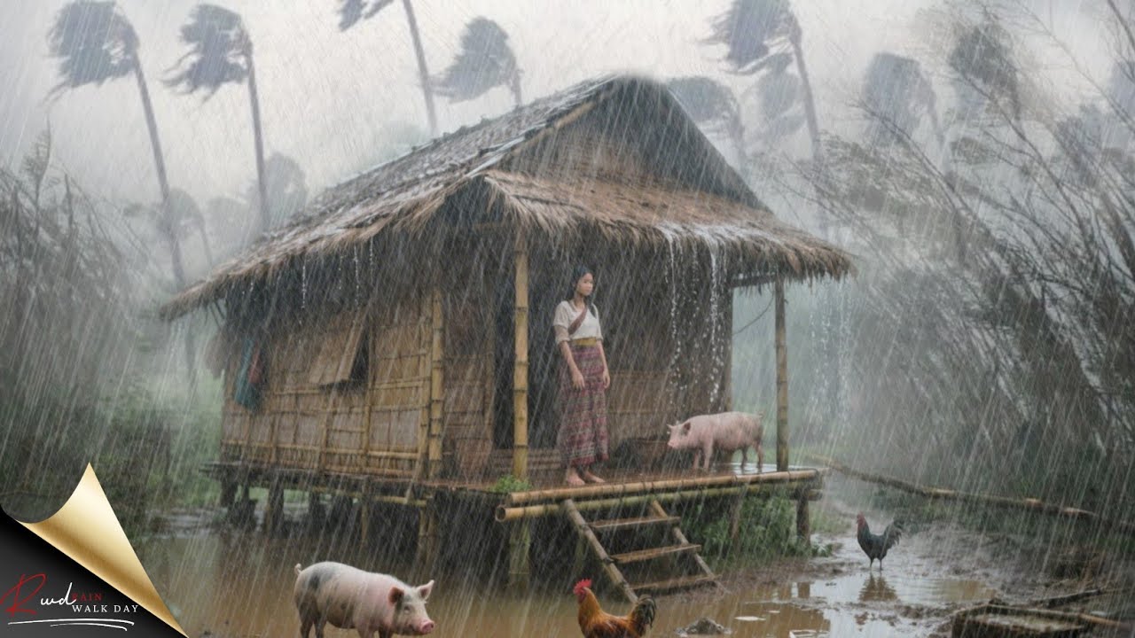 САМЫЙ СИЛЬНЫЙ УРАГАН В АЗИИ ПОБИЛ РЕКОРД — ПРОГУЛКА ПО ДЕРЕВНЕ ПОД СИЛЬНЫМ ДОЖДЁМ ДЛЯ РЕЛАКСАЦИИ