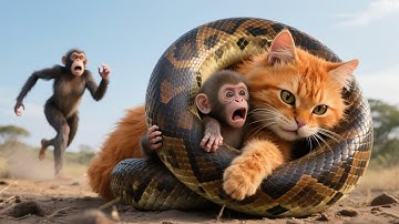 Baby Monkey Attacked by Giant Python – Brave Mama Cat and Kitten Rush to the Rescue | Cat Videos