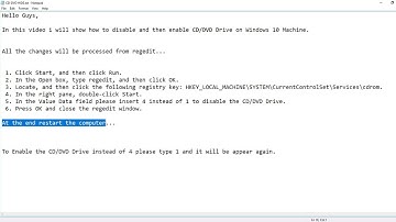 Disable and Enable CD/DVD Drive on Windows 10 Machine from regedit