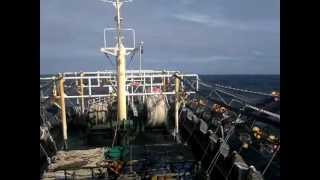 Pesca de calamar //Barco Potero navegando//