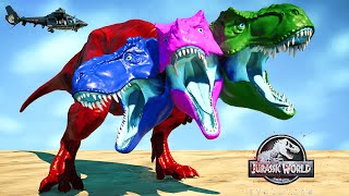 Red 3 Head Colorful T-Rex vs Super Hero Godzilla Dinosaurs Fight Jurassic World Evolution