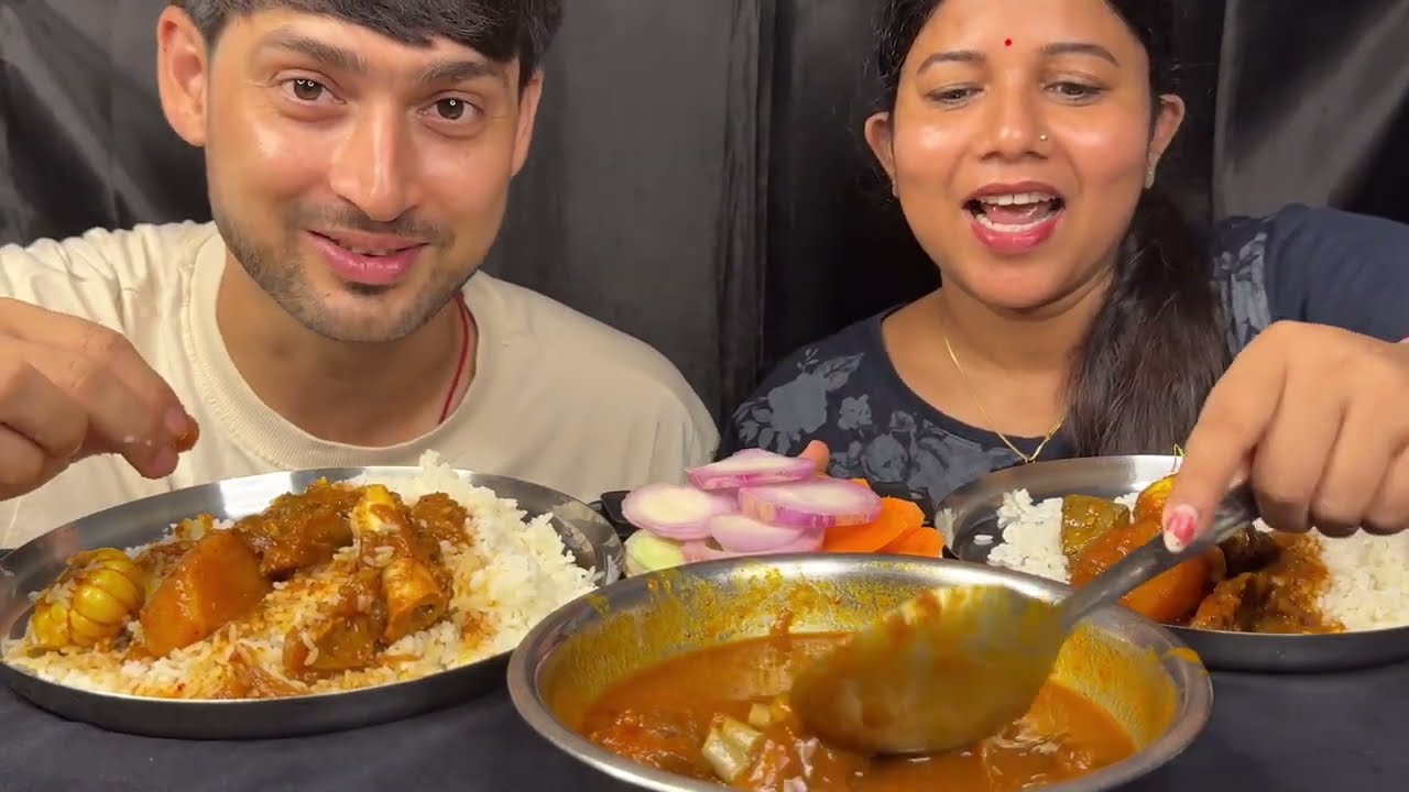 Eating Jeera Rice, Mutton Kosa and Salad #food