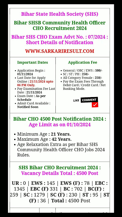 Bihar SHSB Community Health Officer CHO Recruitment 2024#shsb #youtubeshorts