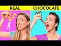 REAL VS CHOCOLATE FOOD CHALLENGE || Last To STOP Eating Wins! Taste Test by 123 GO! CHALLENGE