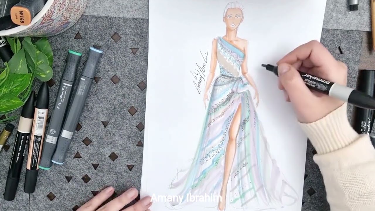 رسم أزياء: اسكتش لتصميم فستان كوتيور من عروض أزياء ربيع وصيف 2023/ Rendering couture dress