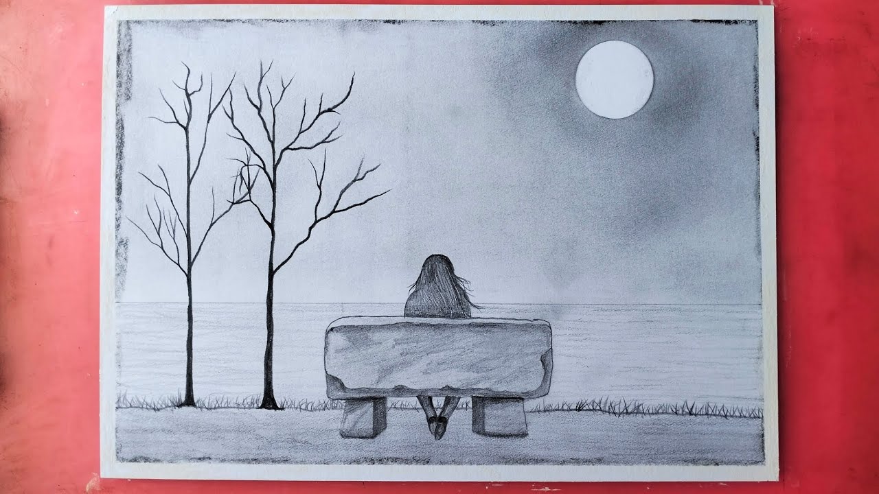 Alone Girl Drawing Scenery - Step by step Drawing for Beginners 