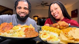 BBQ Grilled and Air Fried Chicken, Fresh Corn, Angel Eggs, Dip, and Pasta Salad #mukbang #asmr #food