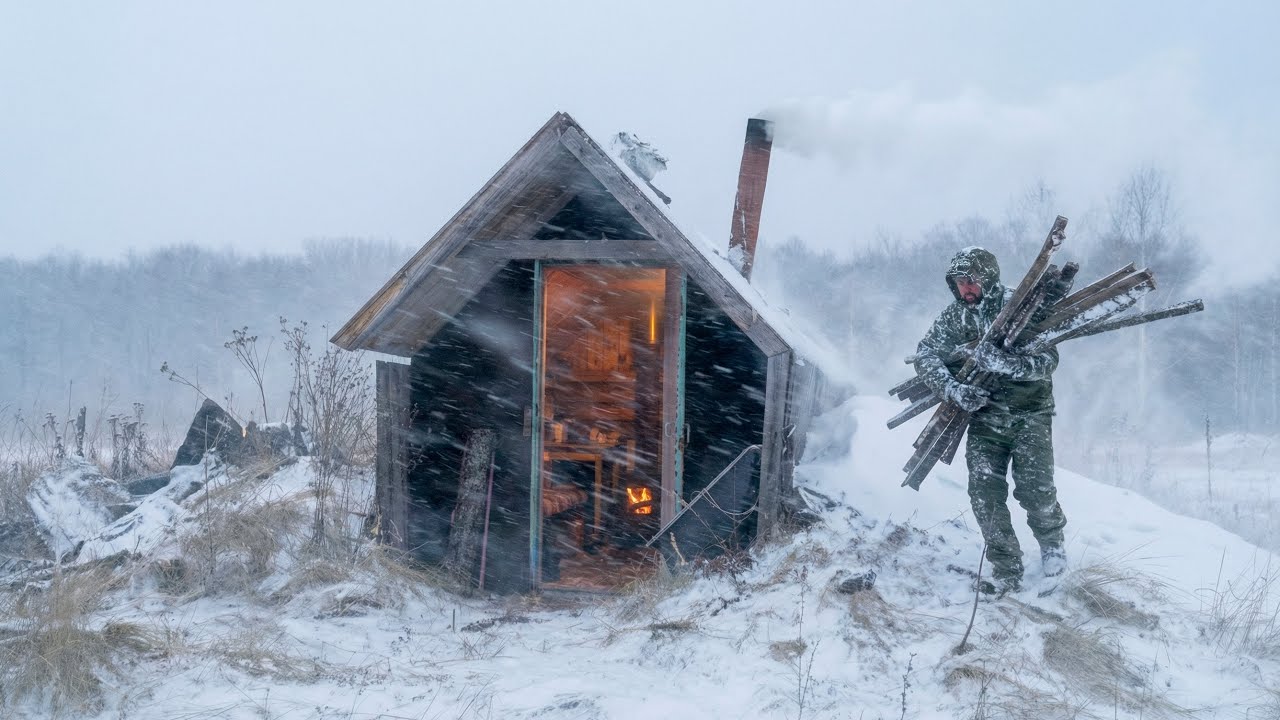 A Dugout in the Middle of a Blizzard Becomes a Home | Primitive Underground Shelter