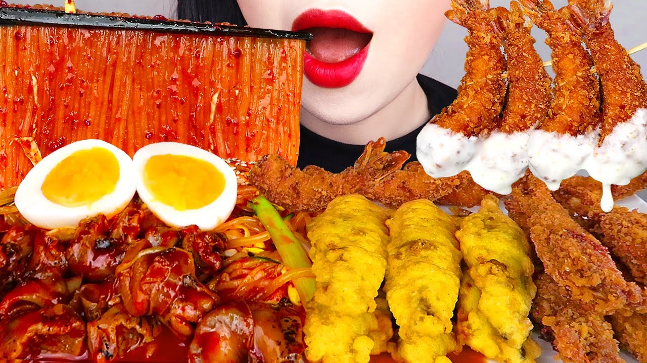 ASMR SPICY NOODLES JJOLMYEON, FRIED SHRIMP 골뱅이 쫄면, 새우튀김, 열빙어 먹방 COOKING & EATING SOUNDS MUKBANG