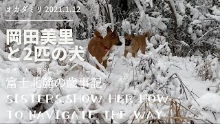 【オカダミリ】ねえさんといもうと　犬の姉妹と岡田美里の雪の日の記録です。Memory of a snowy day.  A puppy chasing a sister .