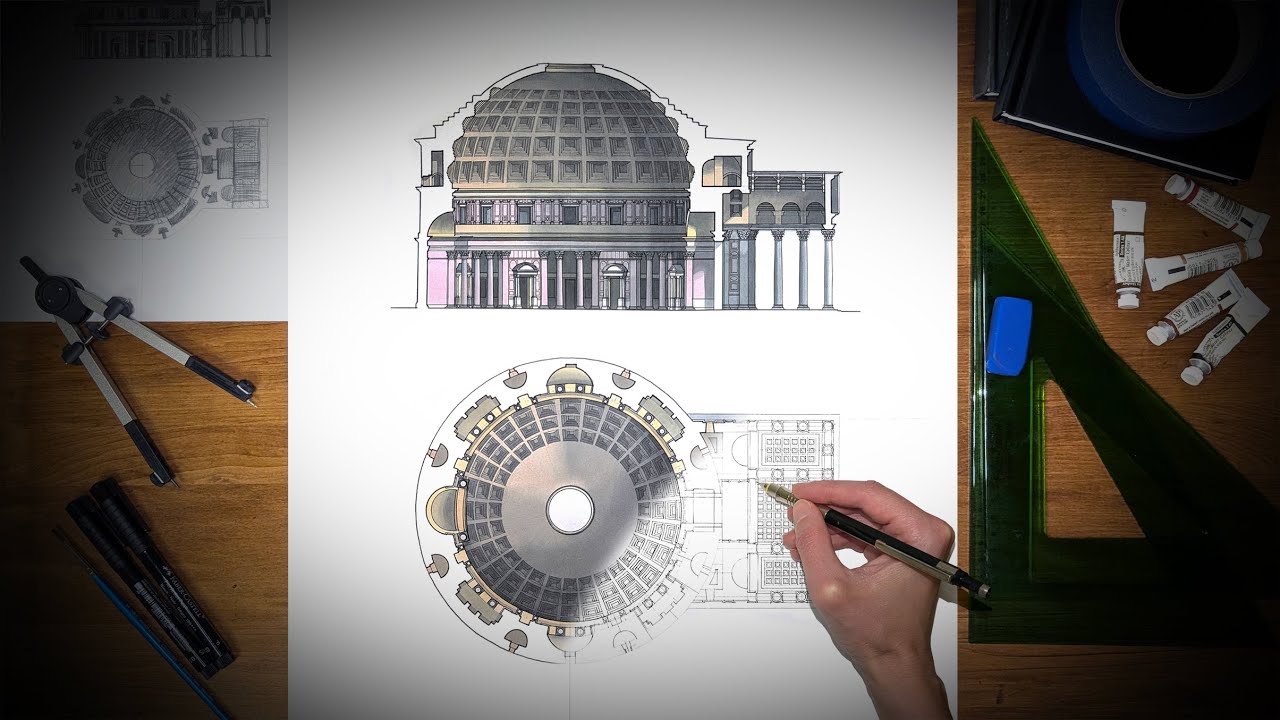 Architectural Drawing - Plan and Section of the Pantheon - Relaxing Art Project