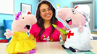 Wendy no tiene miedo de los médicos. Peppa Pig para niños. Juguetes de peluche.