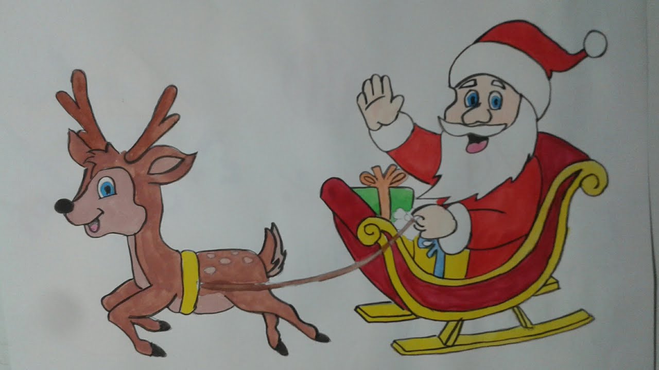 Santa Claus On Sleigh With Reindeer Drawing | Christmas Drawing ...