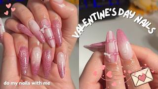 do my valentine's day nails with me ｡ ₊°༺❤︎༻°₊ ｡ asmr, no talking, reflective glitter gels, ombres🩷