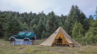 Camping trip in freezing conditions, Hot tent, Grill meat on Fire Pit...