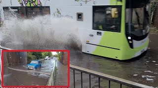 cars vs flood including a Double decker bus flooring it through creating a huge wave!