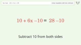 Linear equation with one unknown: Solve 2(5+3x)=28 step-by-step solution