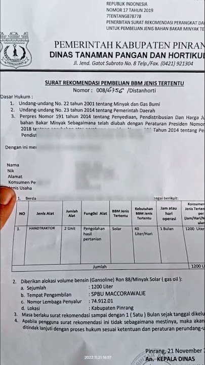 Surat rekomendasi pembelian Pembelian BBM bersubsidi