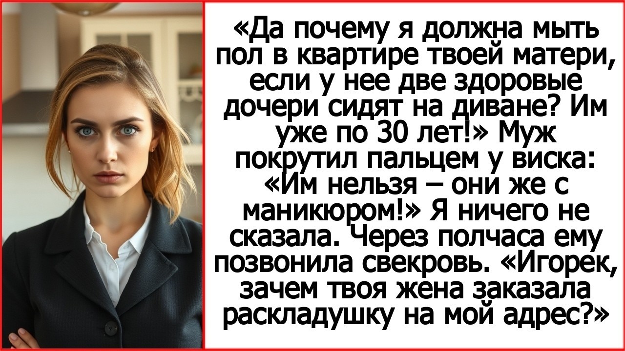 Да почему я должна мыть пол в квартире твоей матери, если у нее две здоровые дочери сидят на диване?