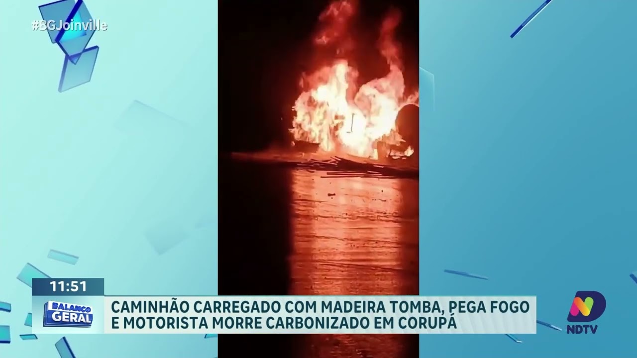 Caminhão com madeira tomba e pega fogo na BR-280; motorista morre em Corupá