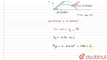 A projectile is thrown with a velocity of 20 m//s, at an angle of 60^(@) with the horizontal. Af...