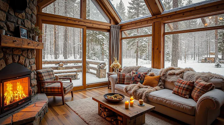 Cozy Wood Cabin With Jazz Music Ambience ❄ SnowStorm, Crackling Fireplace for Unwinding