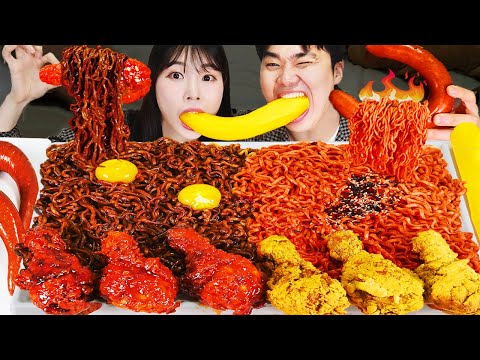 ASMR MUKBANG| 직접 만든 불닭볶음면 양념치킨 소세지 먹방 & 레시피 FRIED CHICKEN AND FIRE NOODLES EATING