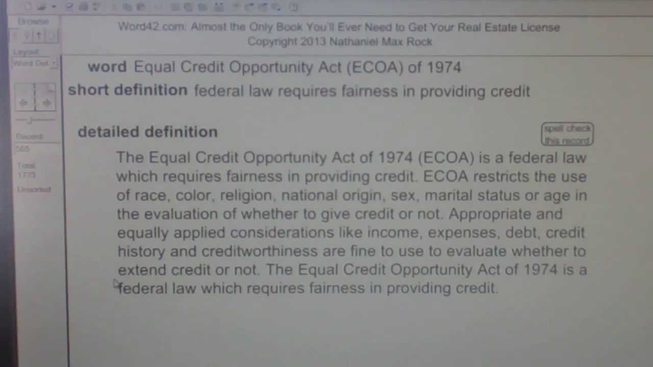 Equal Credit Opportunity Act (ECOA) of 1974 Real Estate License Exam