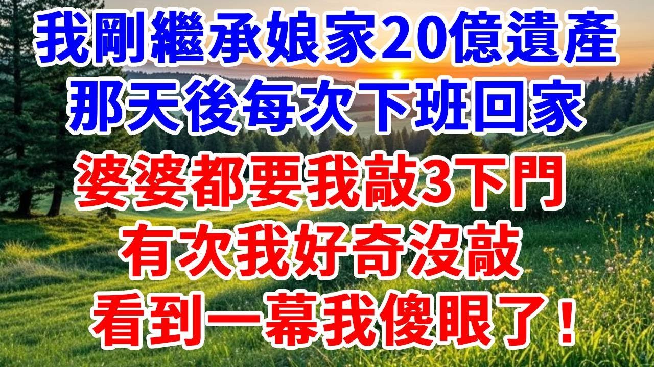 我剛繼承娘家20億遺產，那天後每次下班回家，婆婆都要我敲3下門。有次我好奇沒敲，看到一幕我傻眼了!#詩涵講故事#為人處世#生活經驗#情感故事#晚年哲理#說故事#完結文#原創故事