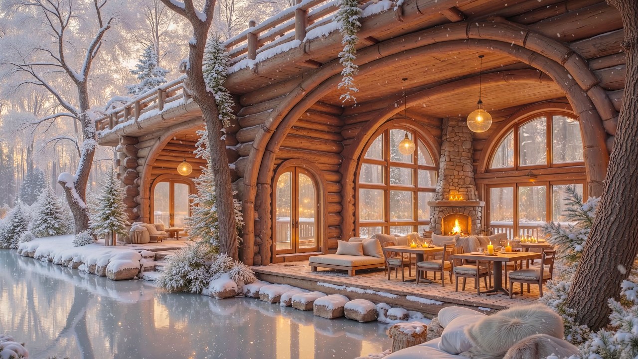 Уютный зимний домик на берегу озера ❄️🔥 Спокойная фортепианная музыка и свет камина для отдыха и уч