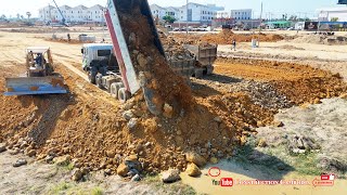 Fast Job Filling! Best Komatsu D58E Dozer Pushing Soil Stones & Dump Truck Filling Land Delete Water