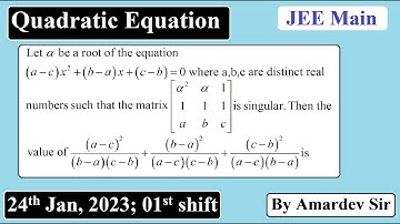 Let α be the root of the equation (a-c)x^2+(b-a)x+(c-b)=0 where a,b,c are distinct real numbers....