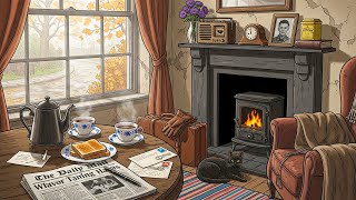 A misty autumn morning in a 1950s Yorkshire home with oldies playing in another room
