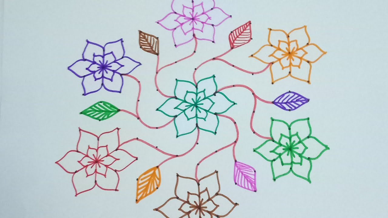 Easy flower kolam with 13-7 dots |easy flower kolam |big flower kolam with dots |big muggulu withdot