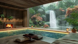 Relax In Luxury Living Room With Fireplace and Indoor Pool On Rainy Day✨Sleeping, Healing, Meditate