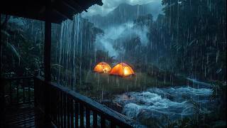 Rainy Forest Camping by the River 🌧️ Heavy Rain Sounds & Rushing River Sounds for Deep Sleep