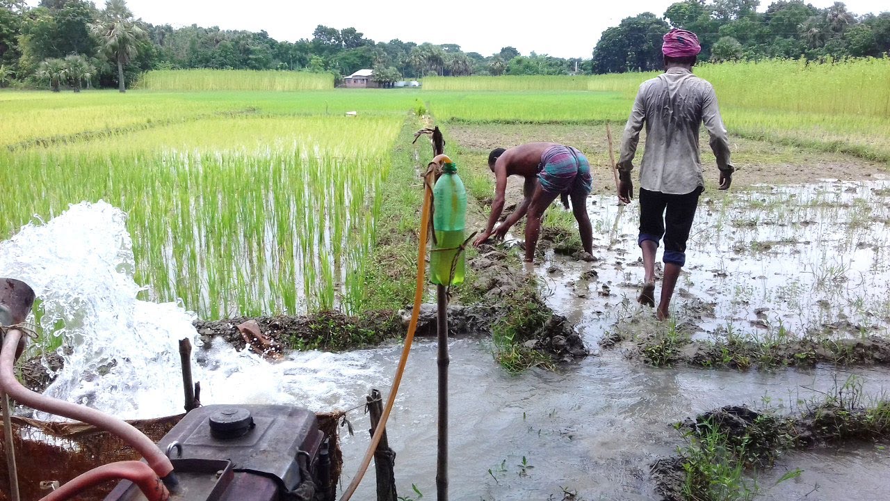 Water supply to paddy field by old diesel engine machine / Traditional