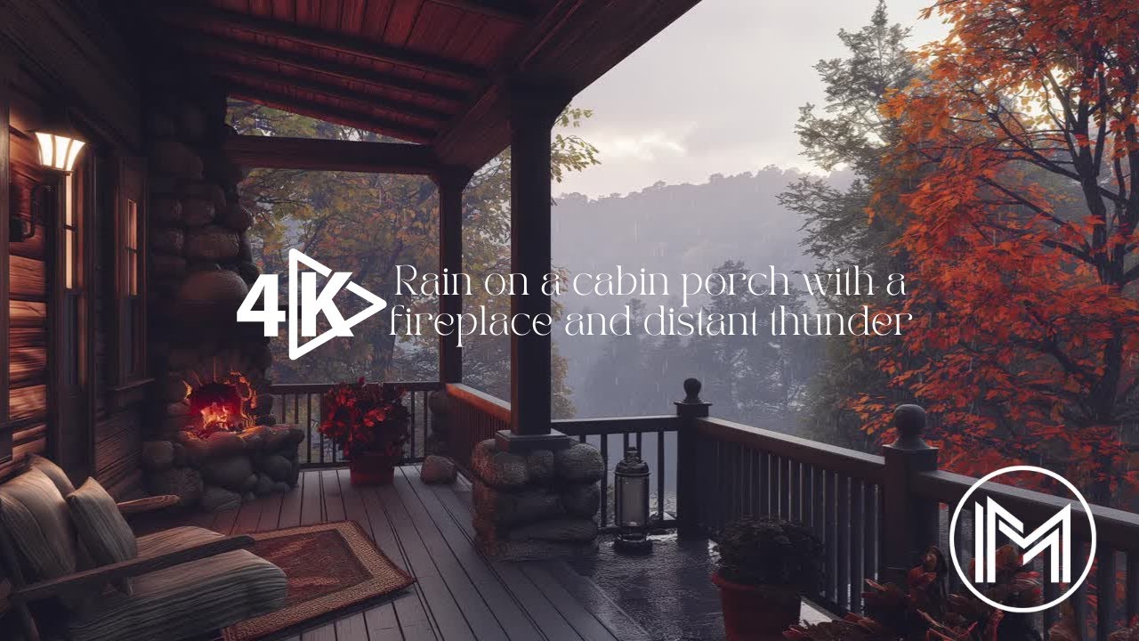 4K rain on porch with fireplace and distant thunder. #asmrrain #sleep # ...