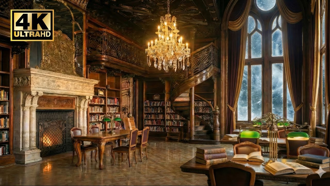 Safe from the Storm | 4K Victorian Library Ambience, Blizzard & Page Turning | No Music