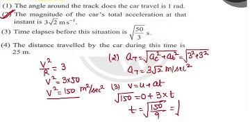 A car moving along a circular track of radius \( 50.0 \mathrm{~m} \), accelerates from rest at \...