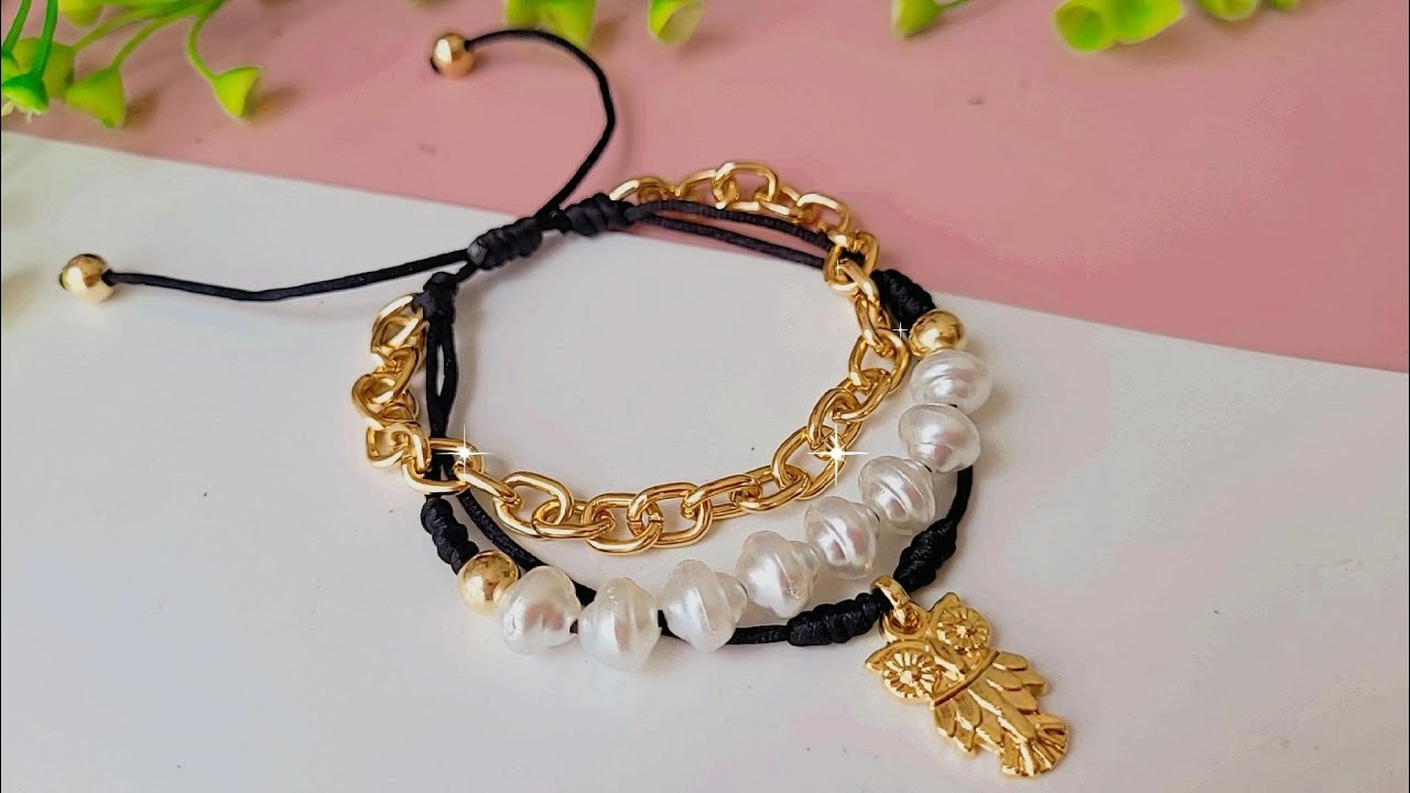 Pulseira Tripla com Pérolas, Corrente e Fio de Seda. Bijuteria Fina.