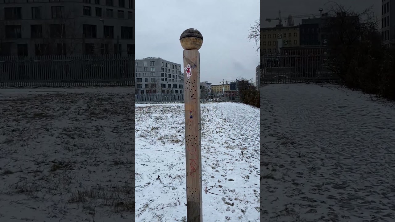 Kunst des Tages. Schnee in Berlin. Insektenhotel. Park am Nordbahnhof. Kuratorin Lily Fürstenow