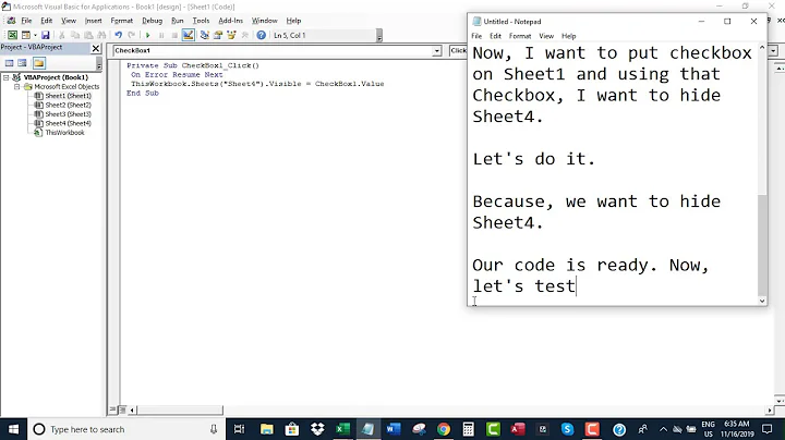 Hide or unhide worksheet using checkbox in Excel