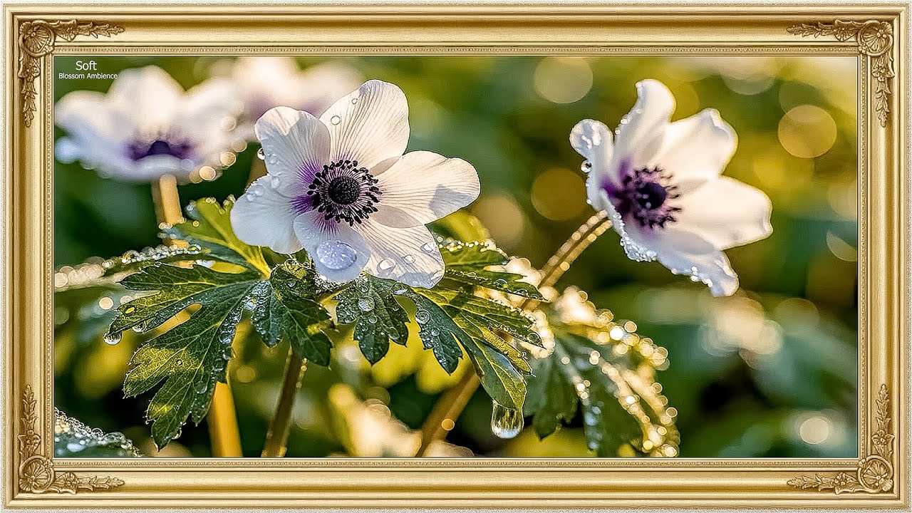 Peaceful Flower Ambience, Gentle Piano Music for Stress Relief, Gold Frame Smart TV Art, 4K UHD.