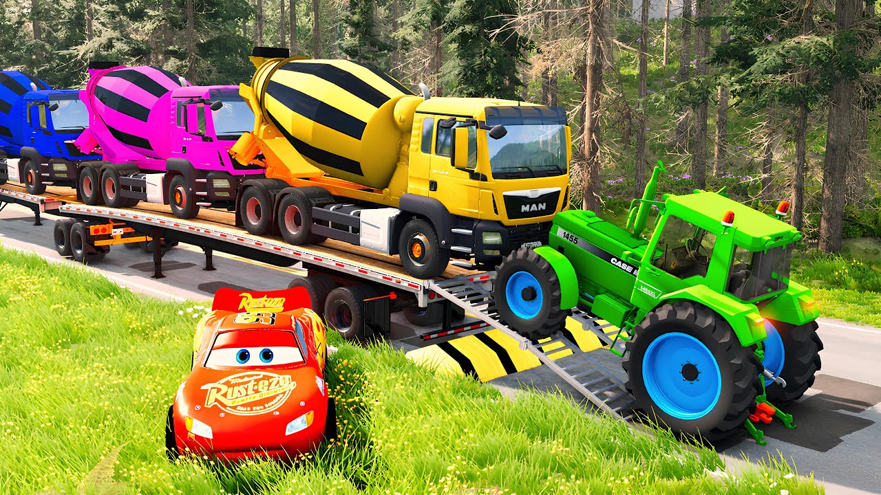 TRANSPORTING PIXAR CARS & FRUITS WITH COLORED & JOHN DEERE vs CLAAS vs TRACTORS - BeamNG.drive #1