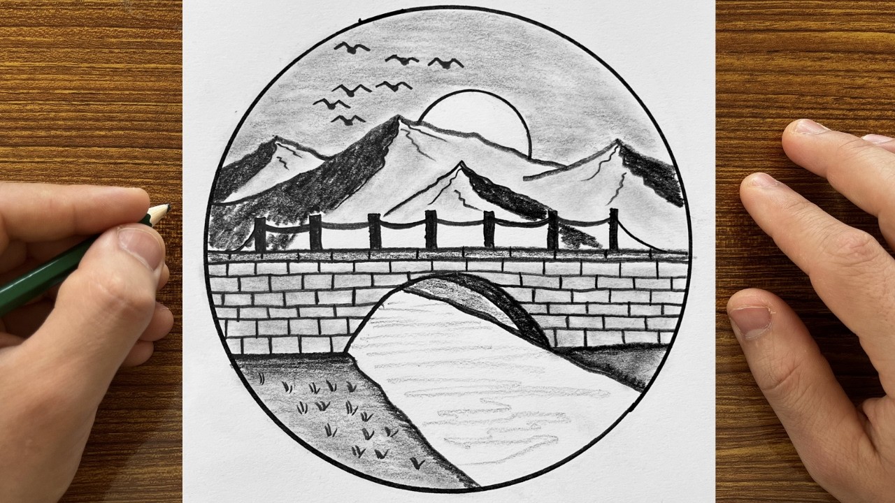 Bridge and Mountain Landscape Drawing, How to Draw Easy Mountain and Bridge Sketch, Sketch Tutorials
