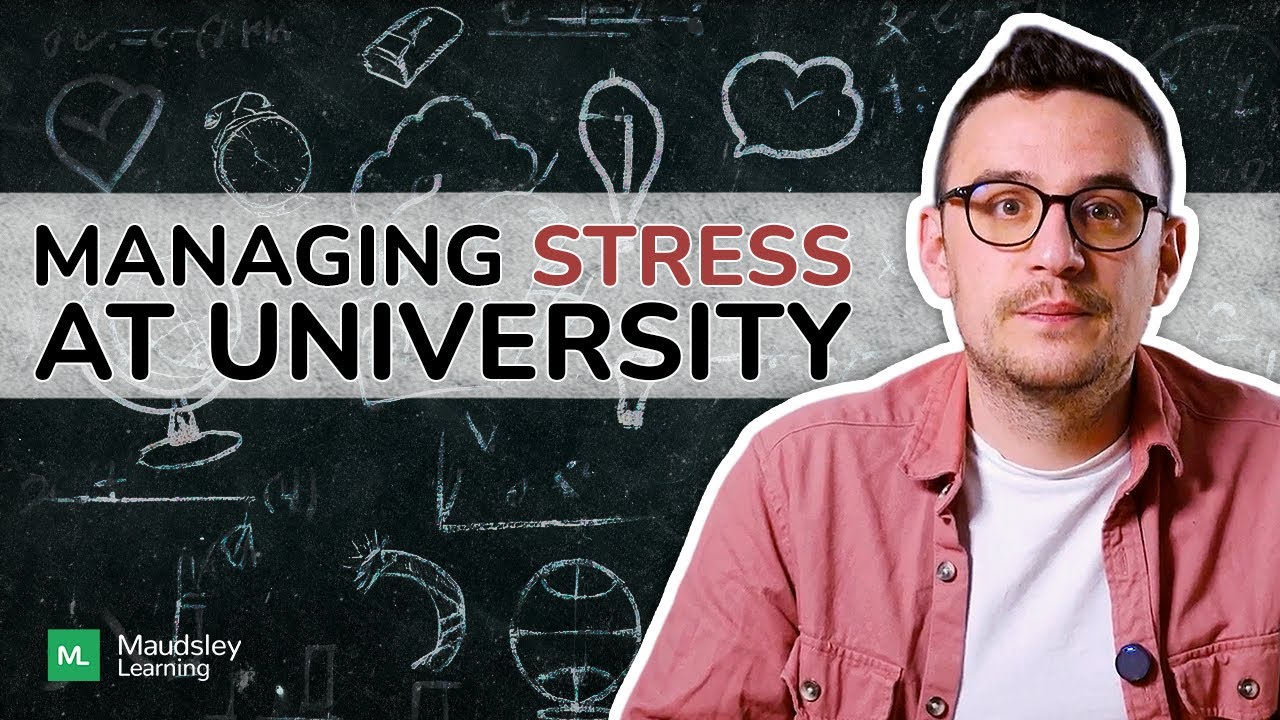 Black and red letters spelling "managing stress at University" in the foreground of a chalkboard and